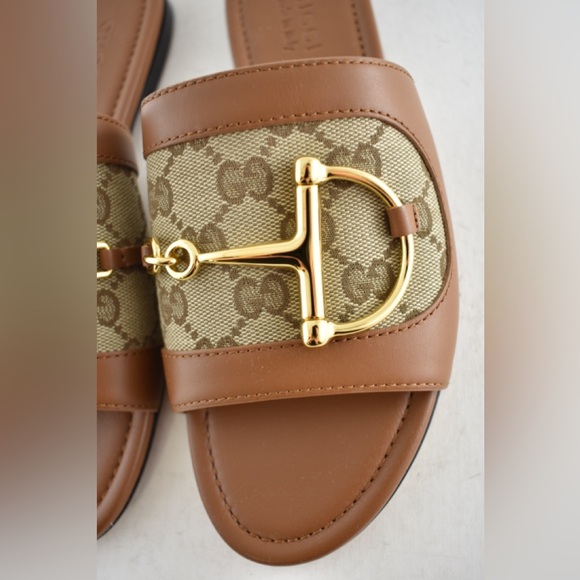 Gucci Alfa Gold Horsebit Brown GG Canvas Logo Leather Mule Flat Slip Sandal 37.5 - Picture 10 of 16